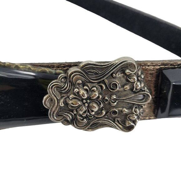 Vintage 80\'s Belt Leather Bronze Ornate Fold Hook Loop Black Buckle Gothic M 34\